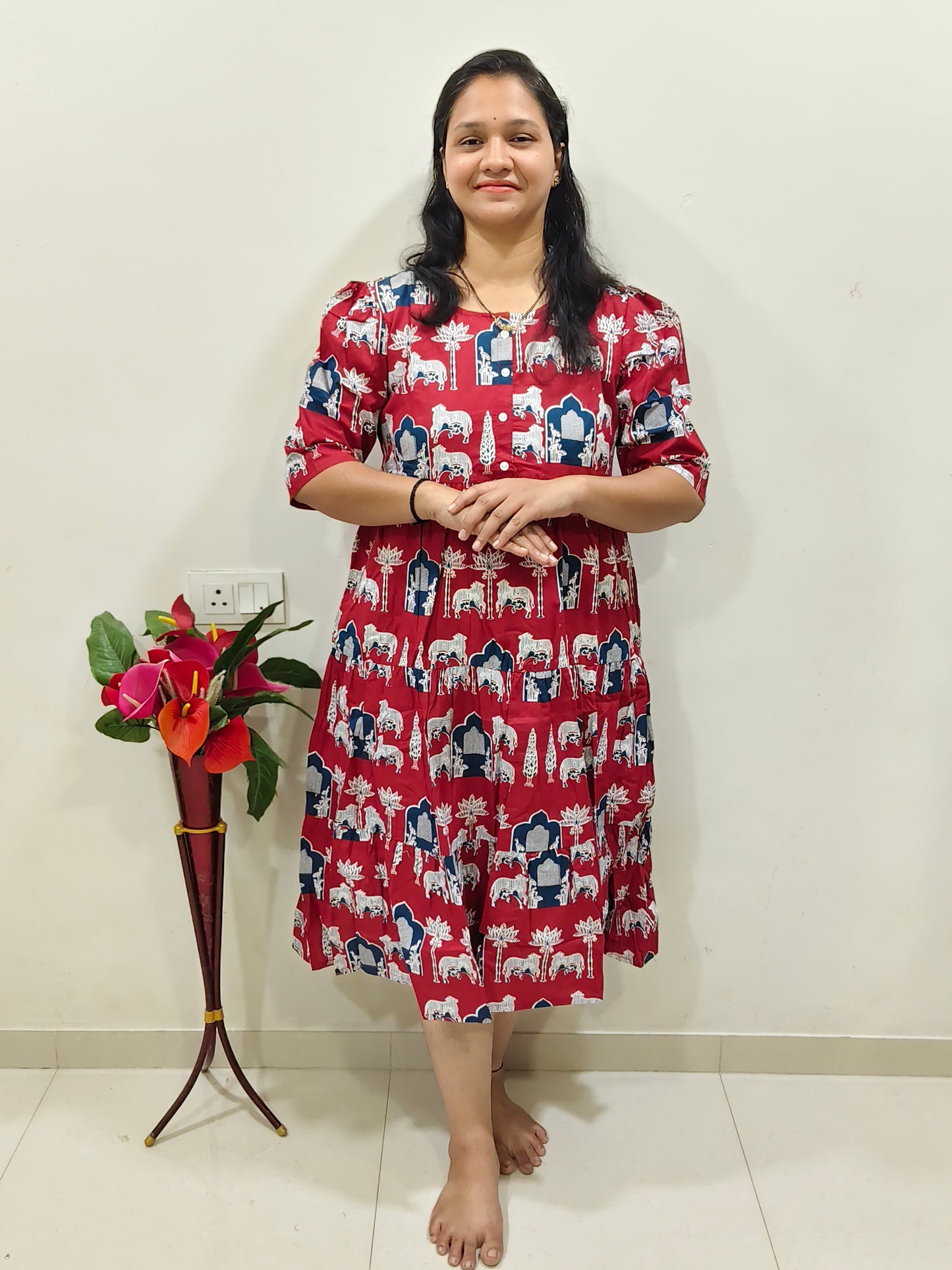 Elegant Collections Red Cotton Dress for Summer with Vibrant Floral Patterns and Comfortable Fit