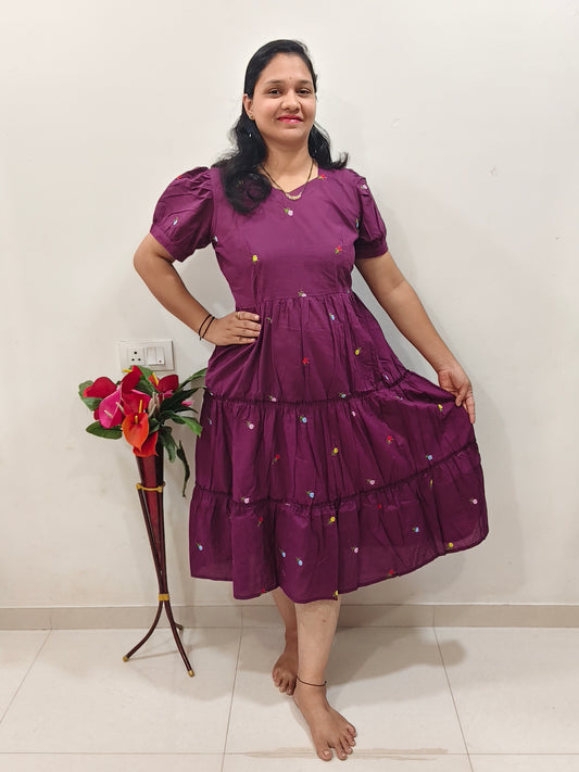 Elegant Collections Purple Cotton Dress Maxi with Colorful Embroidery Details and Tiered Design