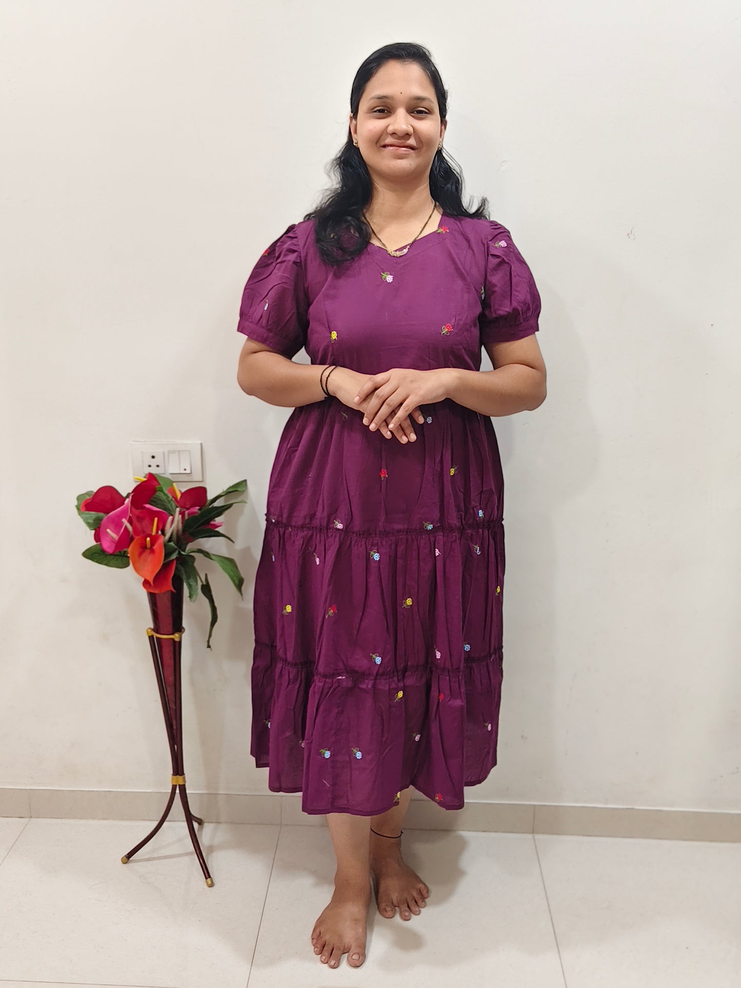 Elegant Collections Cotton Dress Maxi in Purple with Colorful Embroidery and Puff Sleeves