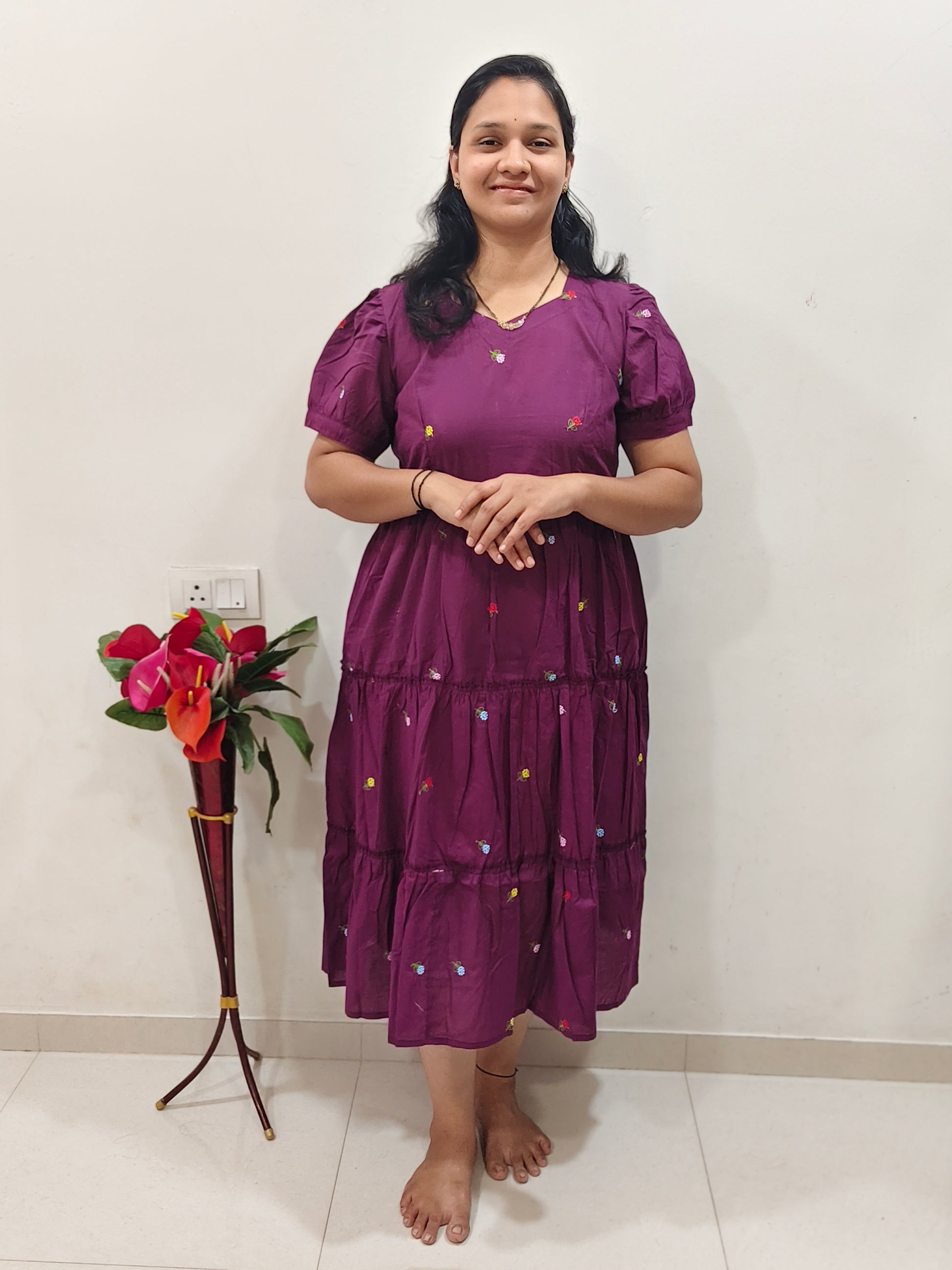 Elegant Collections Cotton Dress Maxi in Purple with Colorful Embroidery and Puff Sleeves