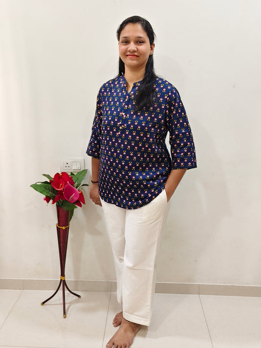 Elegant Navy Blue Cotton Short Kurti with Floral Print, Perfect for Casual Wear