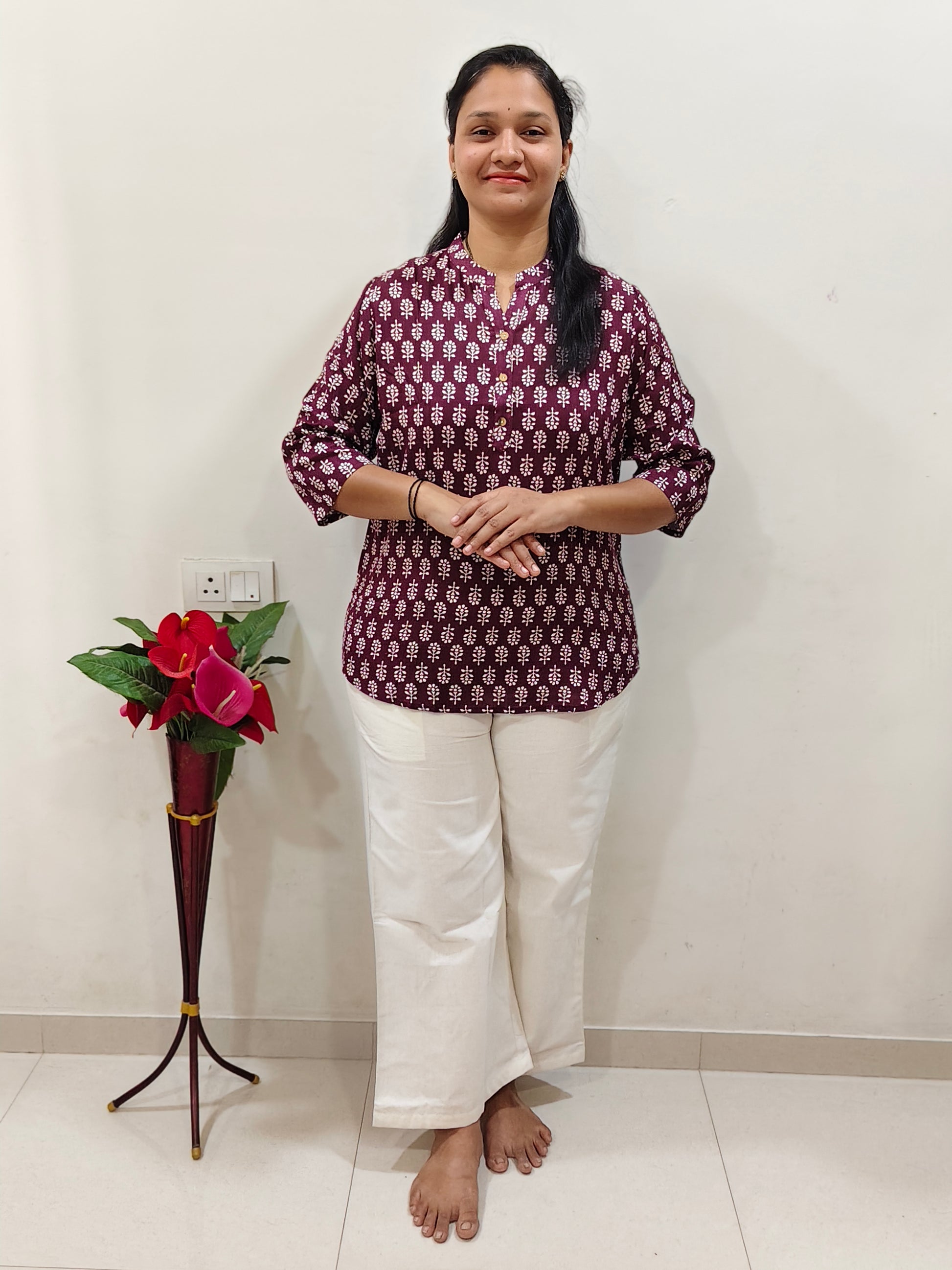 Elegant Collections Cotton Short Kurti in Wine Color with Traditional Print for Casual Wear