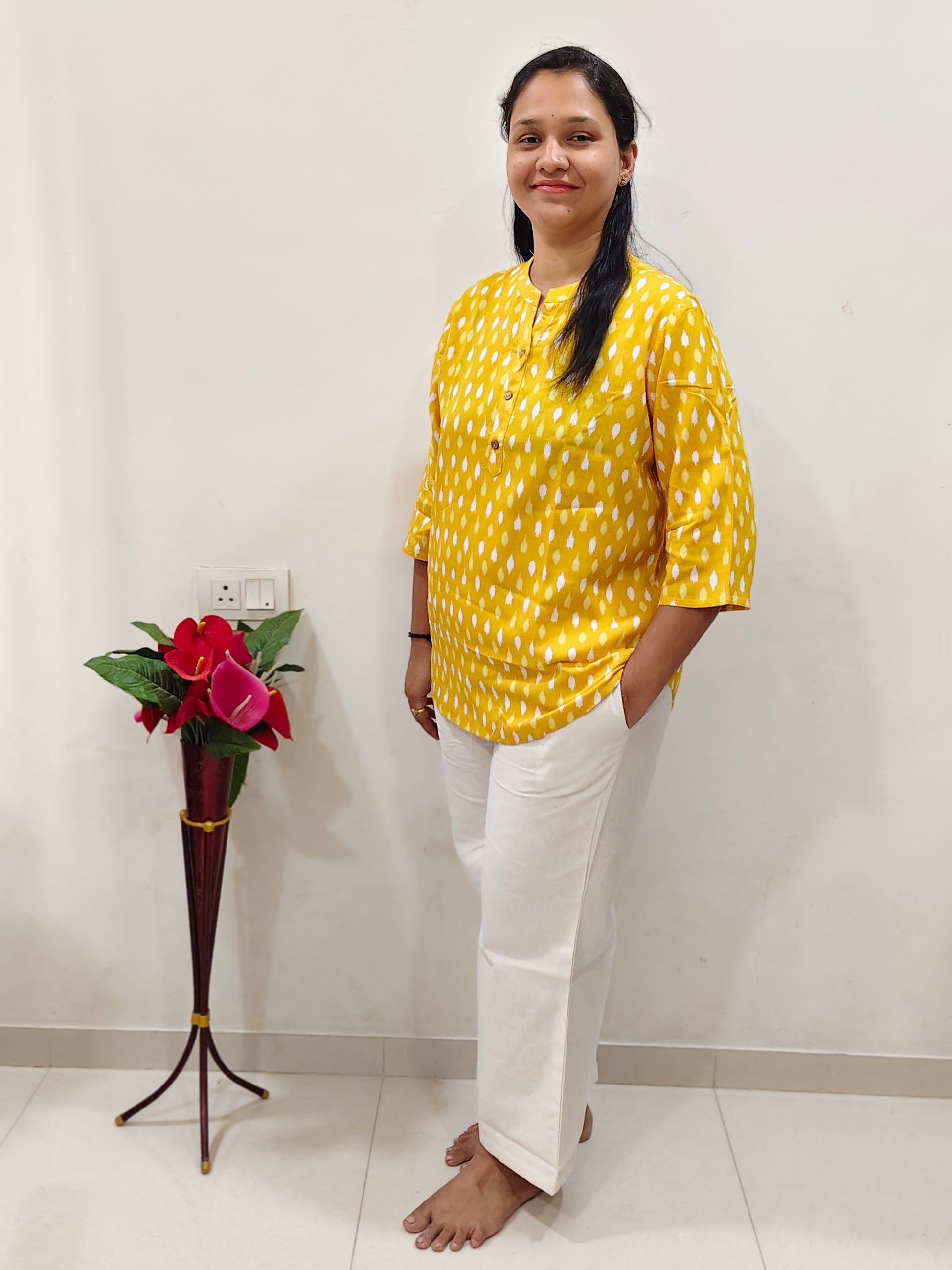 Elegant Collections Cotton Short Kurti in Yellow with Polka Dots for Comfortable Everyday Wear