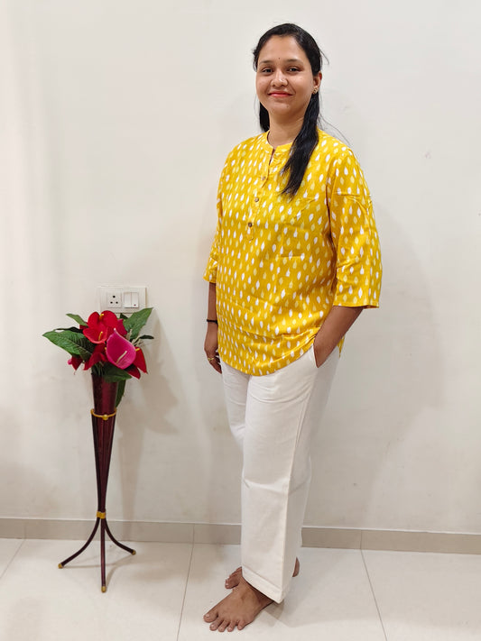 Elegant Collections Cotton Short Kurti in Yellow with Polka Dots for Comfortable Everyday Wear