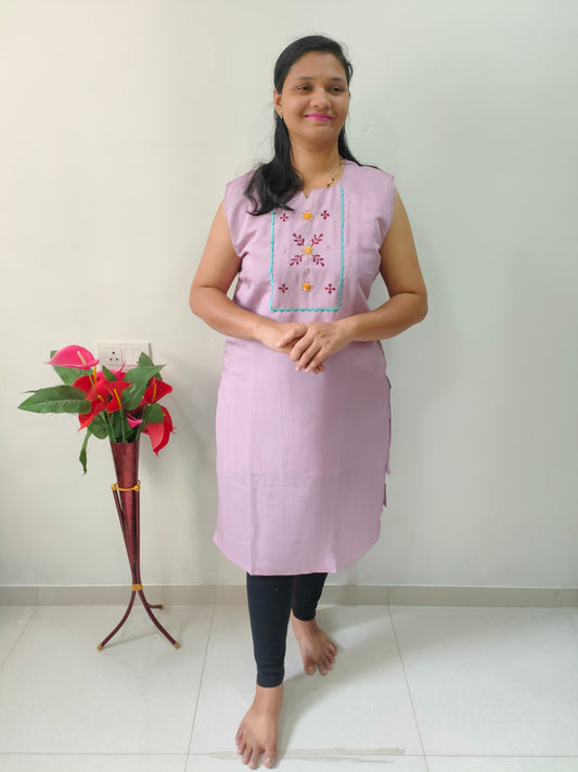 Elegant Collections Cotton Silk Kurti Onion Pink with Intricate Embroidery and Sleeveless Design