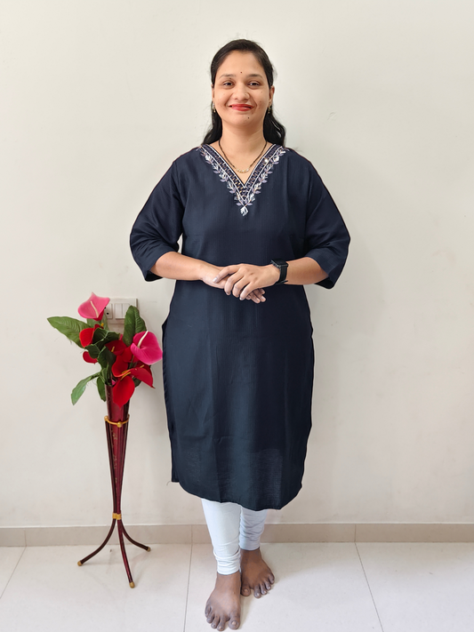 Elegant Collections designer V-neck kurti navy with traditional embroidery and three-quarter sleeves