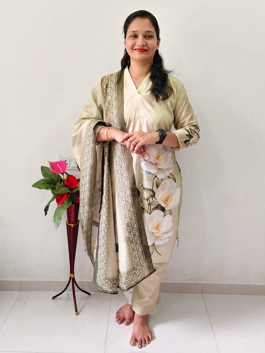 Elegant digital printed kurti sets featuring floral design with matching dupatta for stylish comfort