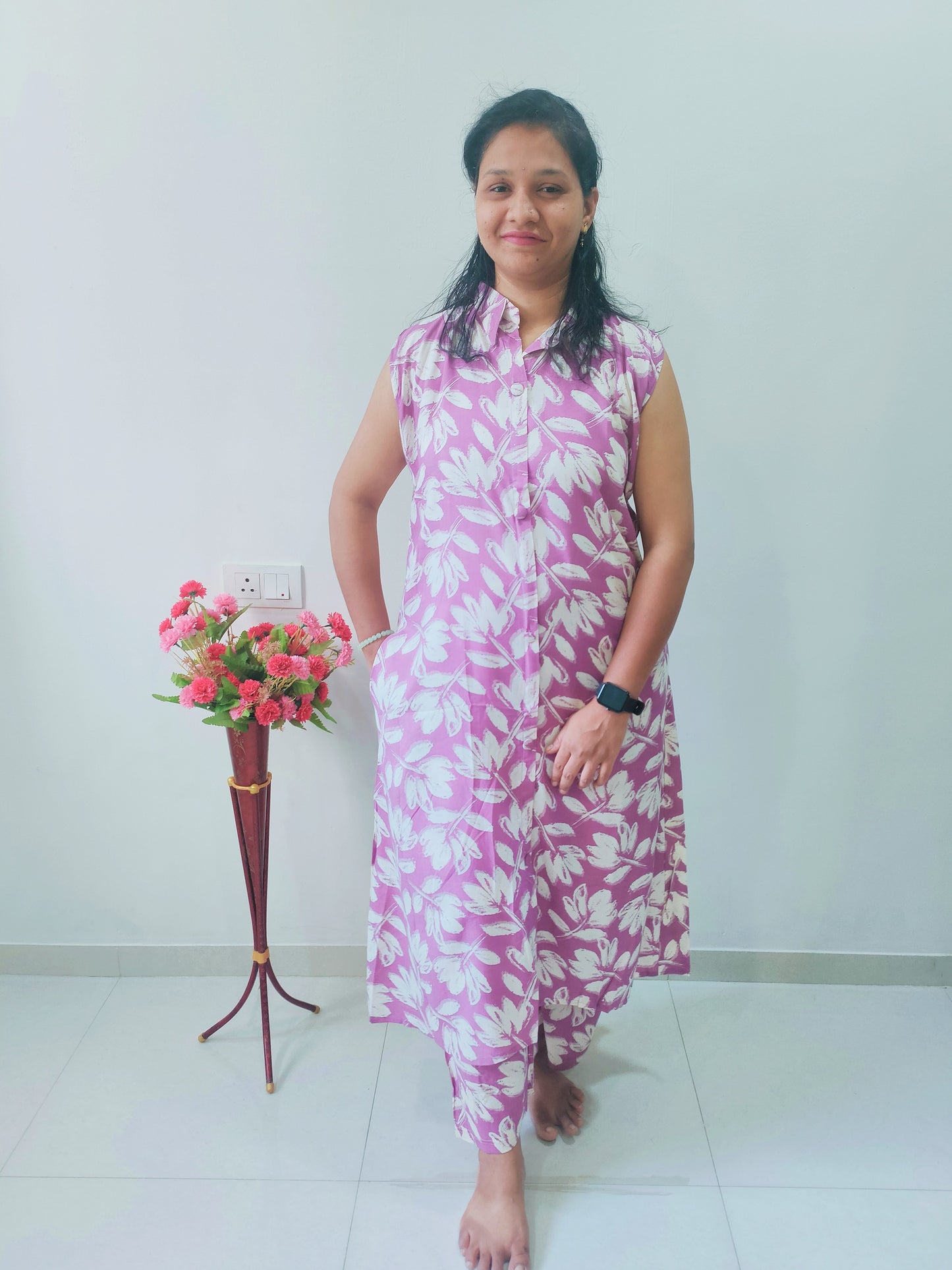 Elegant Collections heavy rayon A-line cord set in pink floral design for a stylish and comfortable look