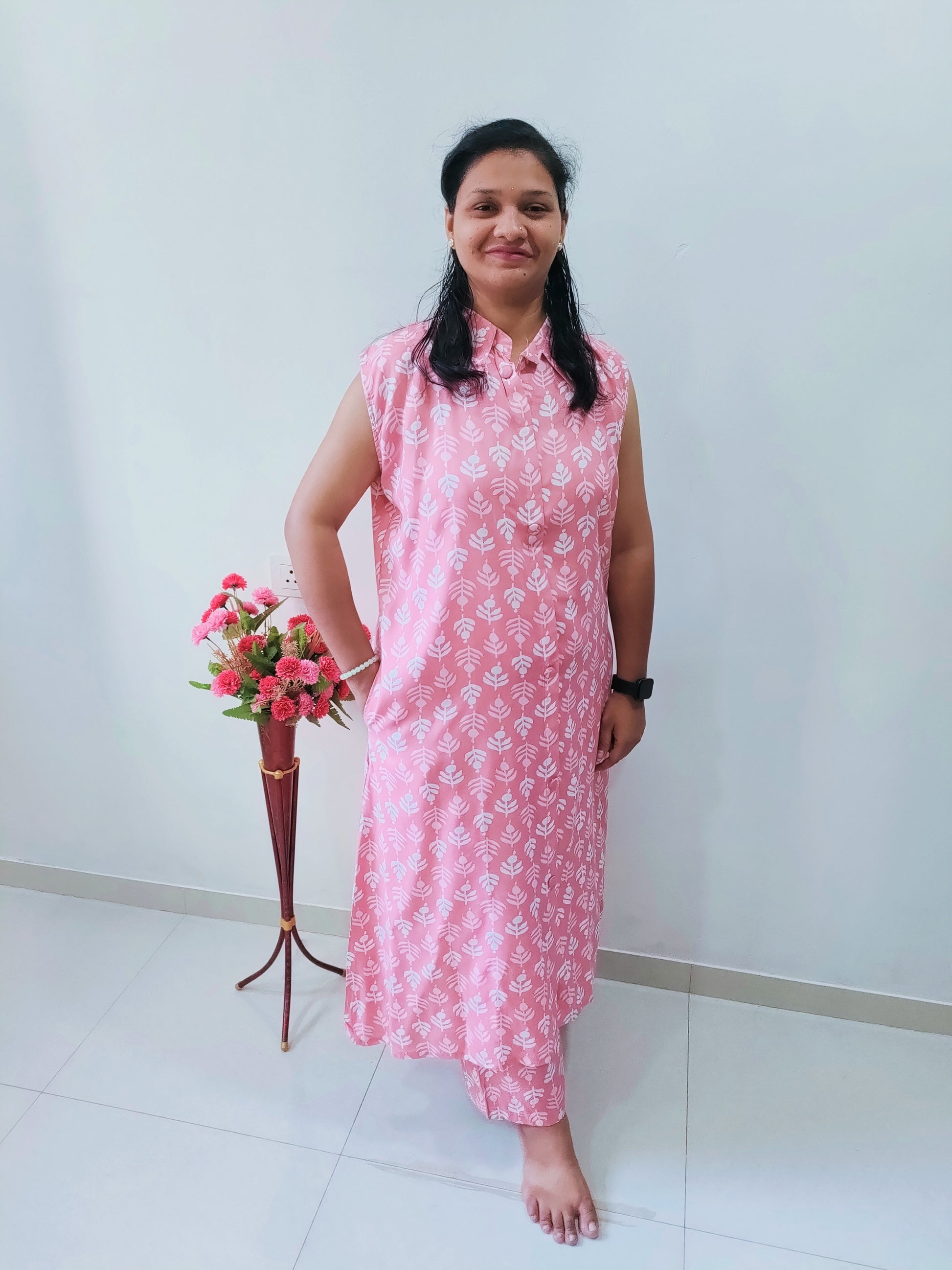 Stylish pink heavy rayon cord set featuring a floral pattern, perfect for casual wear