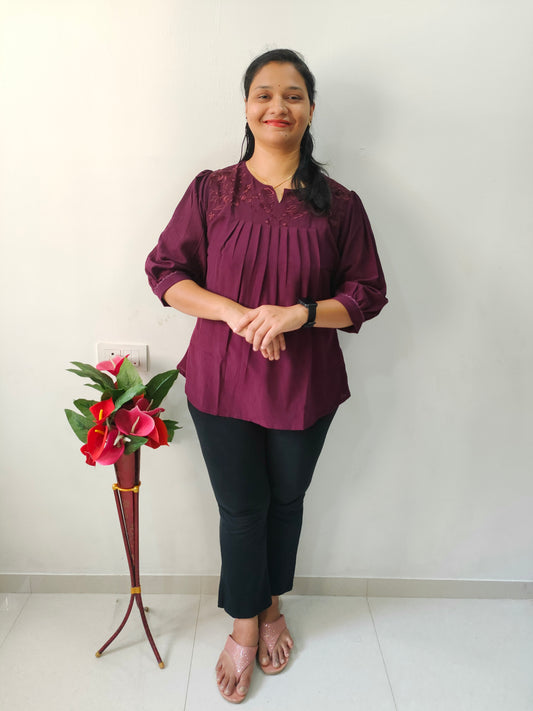 Elegant Collections imported short kurtis in deep burgundy with pleated design and comfortable fit