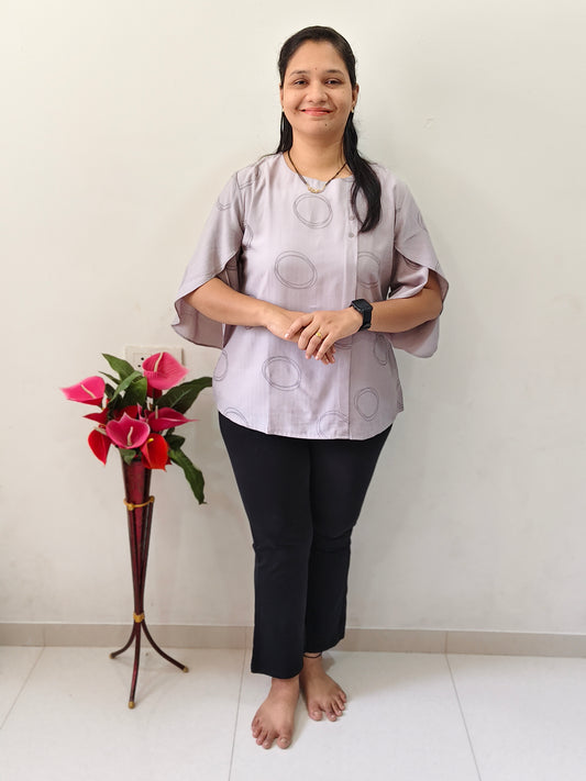 Elegant light grey silk short top with stylish bell sleeves, perfect for casual outings