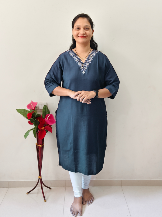 Elegant petrol blue designer kurti with embroidered neckline, perfect for casual and festive occasions