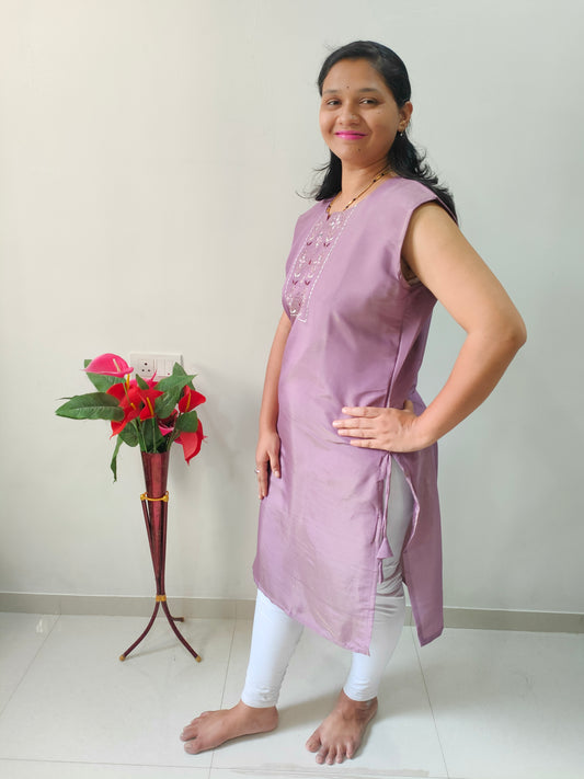 Elegant Plus Size Cotton Silk Kurti in Lavender with Embellished Neckline for Comfortable Everyday Wear