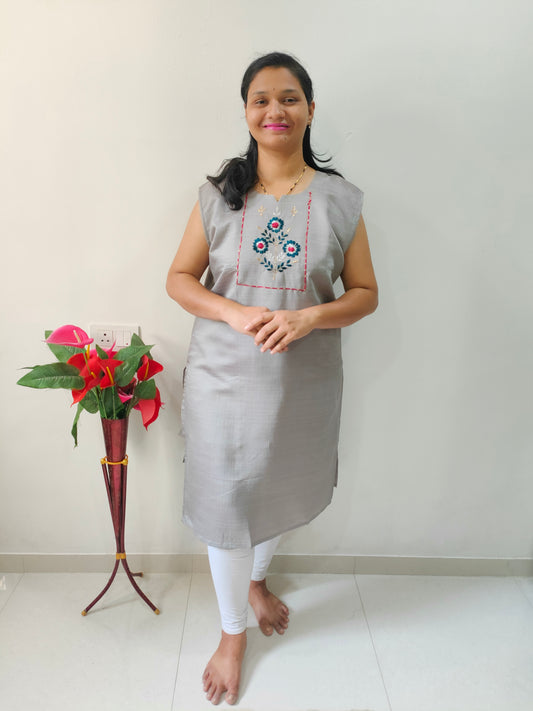 Elegant Collections plus size grey cotton silk kurti with beautiful embroidery and relaxed fit