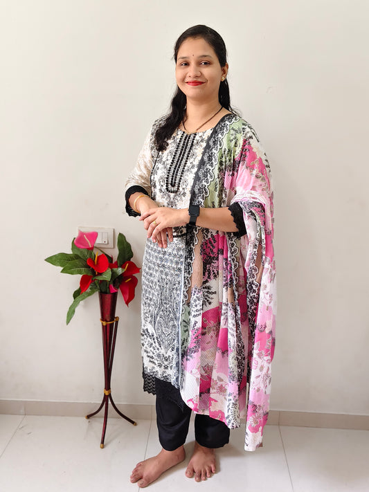 Elegant Collections premium cotton kurti set with colorful floral design and matching black bottom