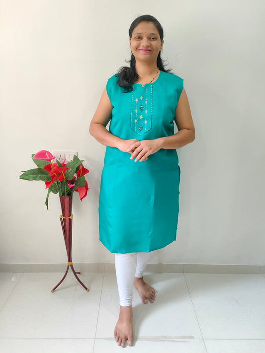 Elegant Collections Premium Cotton Silk Kurti in Teal with Embroidered Details for Stylish Wear