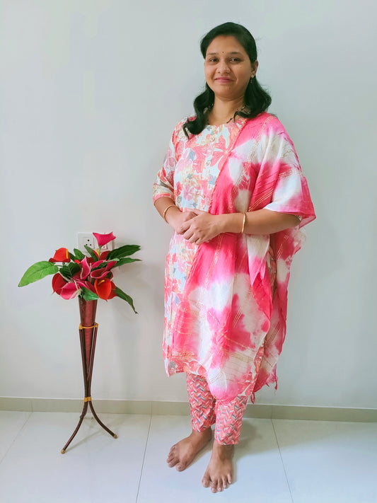 Elegant Collections premium rayon kurti set in pink floral design with matching leggings
