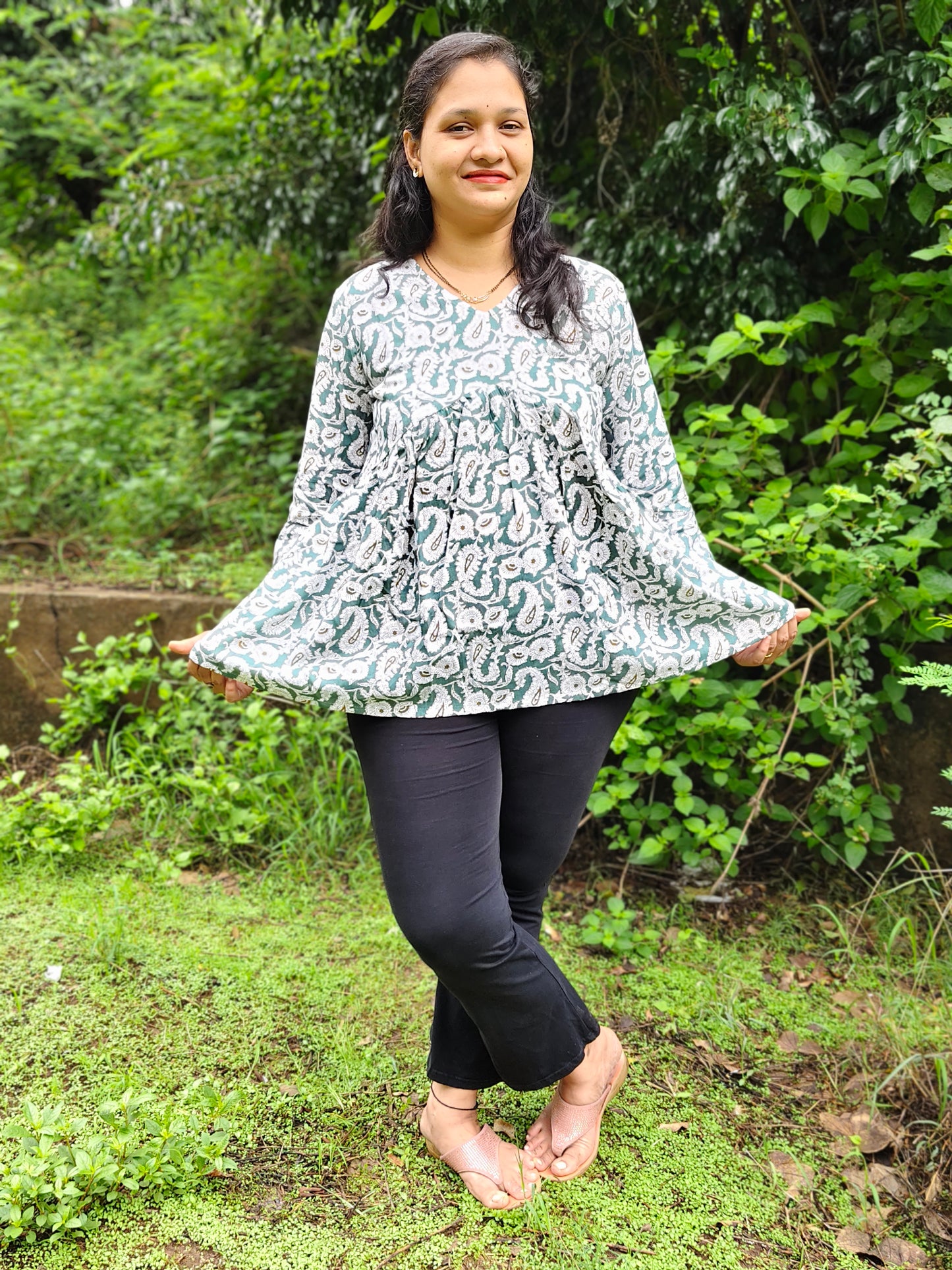 Elegant Collections pure cotton peplum top in Green Floral Design for Comfortable Everyday Wear