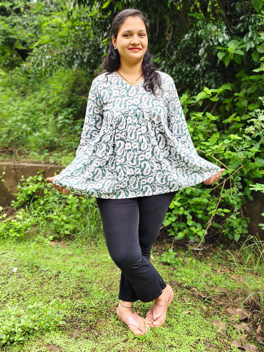 Elegant Collections pure cotton peplum top in Green Floral Design for Comfortable Everyday Wear