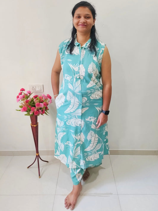 Elegant Collections Pure Rayon Cord Set in Turquoise with Floral Print and Pocket Details