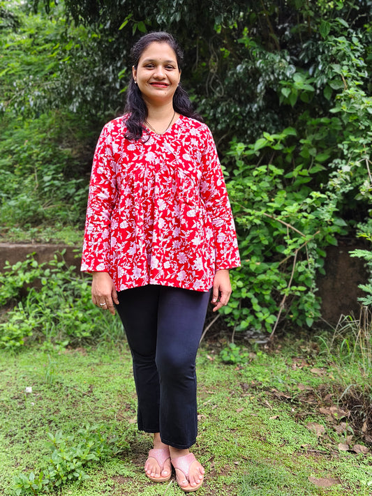 Elegant Collections Red Peplum Top for Women with Floral Pattern Perfect for Casual Wear