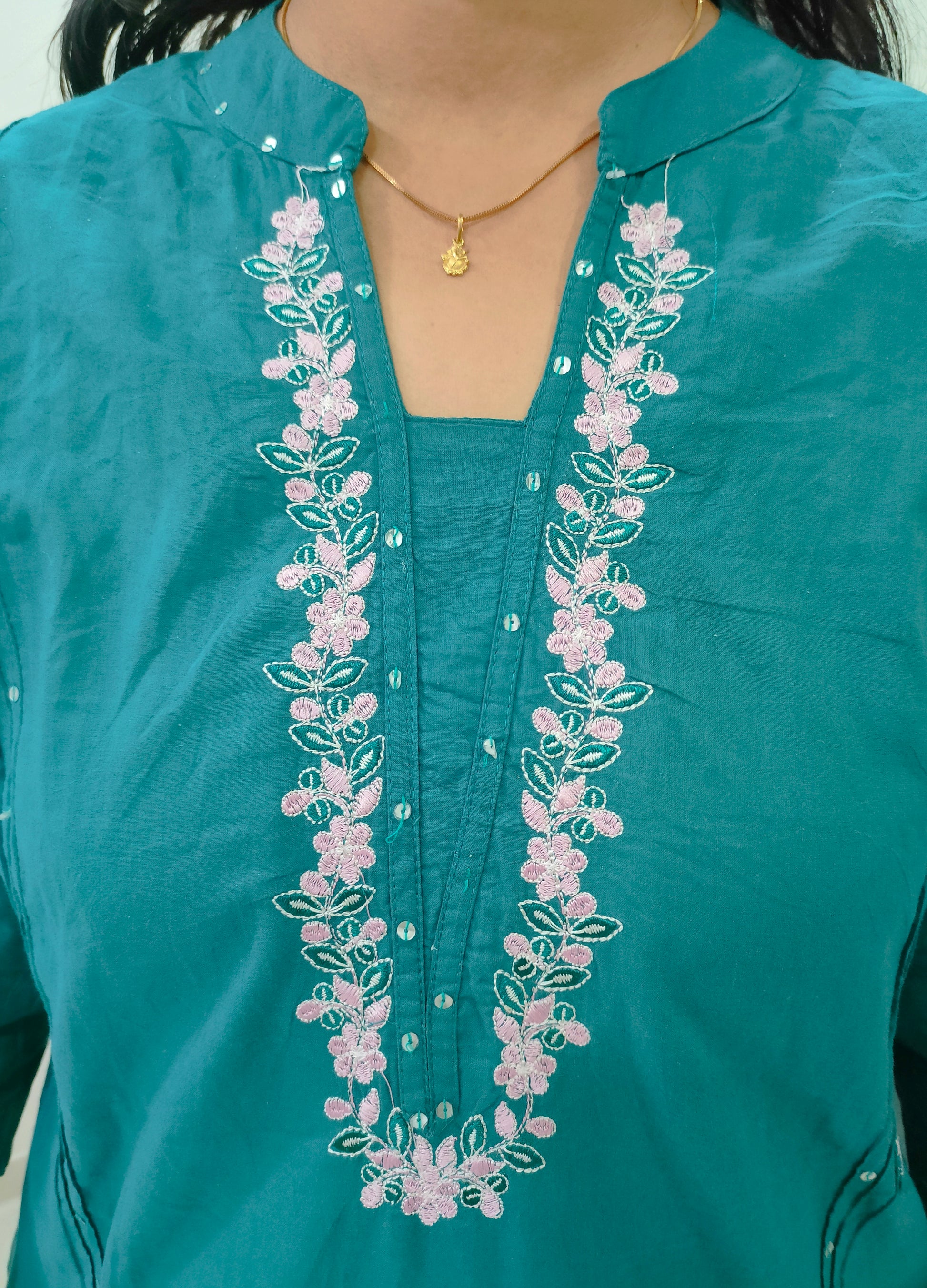 Elegant Collections Summer Cotton Co Ord Set featuring floral embroidery in teal color