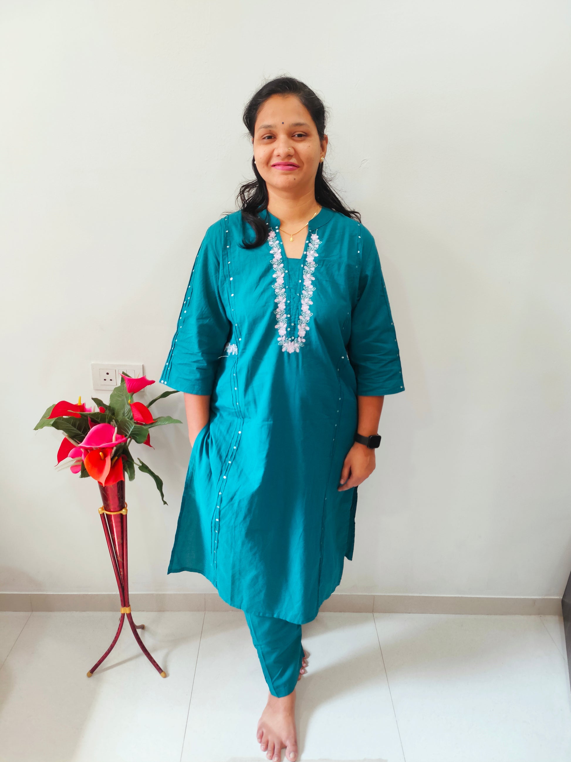 Elegant Collections Summer Cotton Co Ord Set in Teal with Embellished Detail for Comfortable Wear