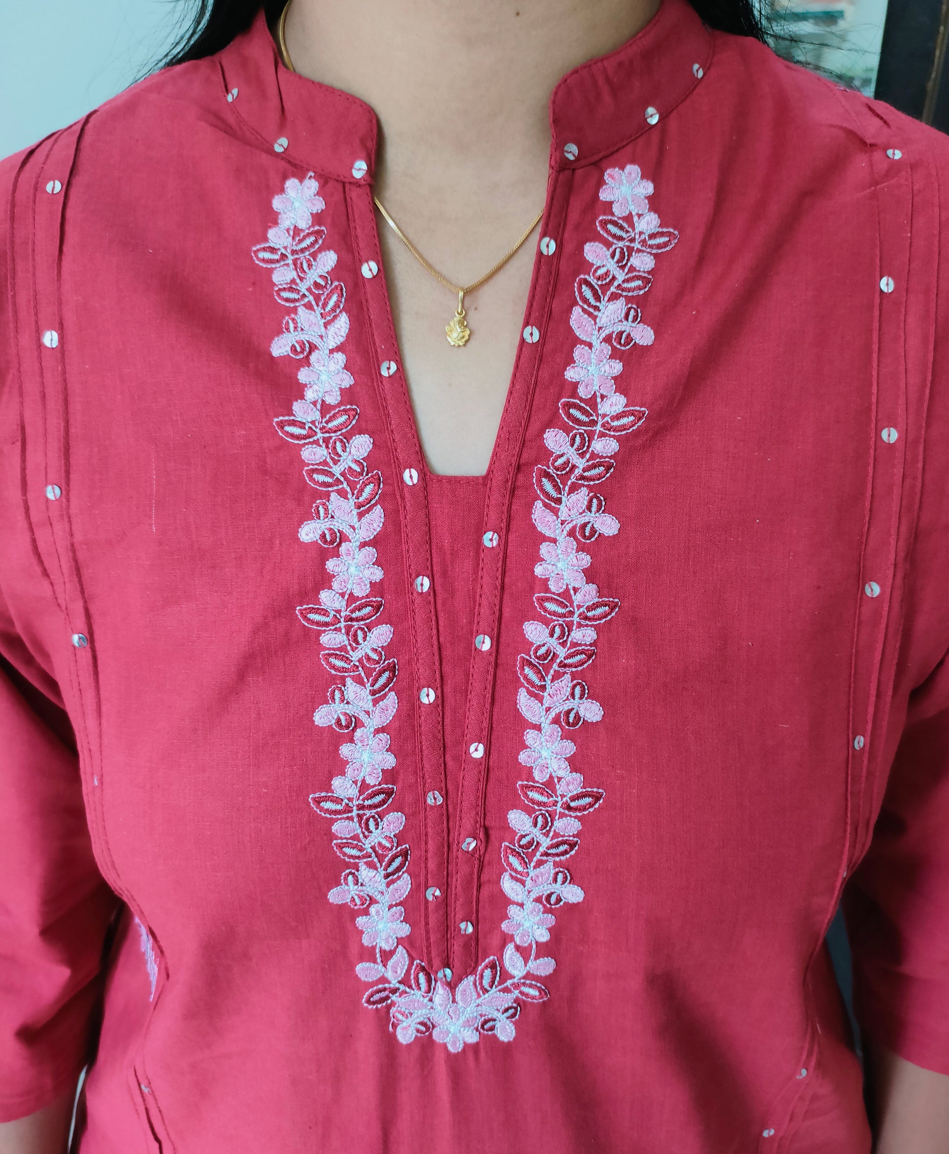 Elegant Collections Summer Cotton Co Ord Set in Red with Floral Embroidery and Detailed Neckline