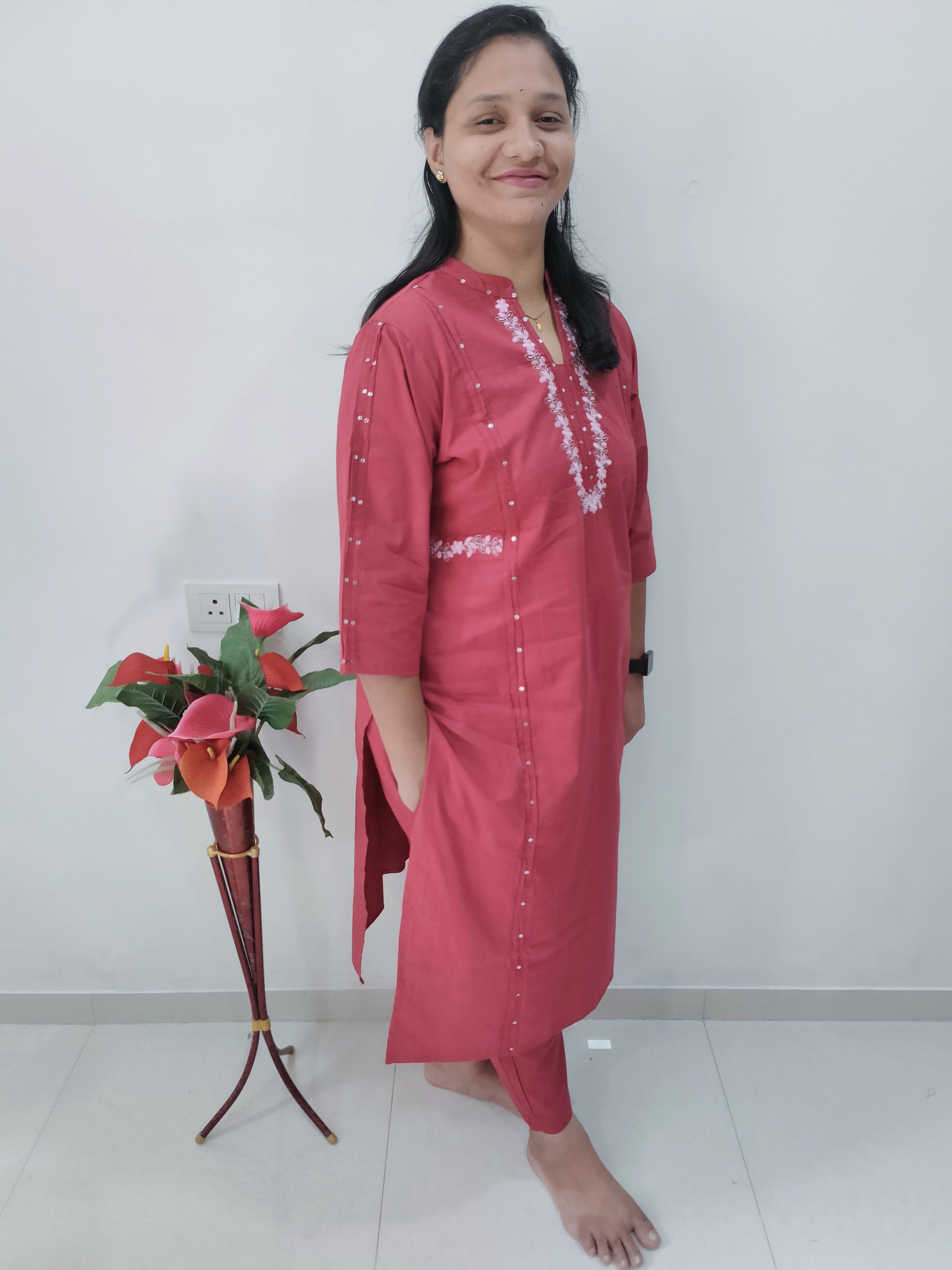 Elegant Collections summer cotton co ord set in pink with intricate embellishments for casual wear