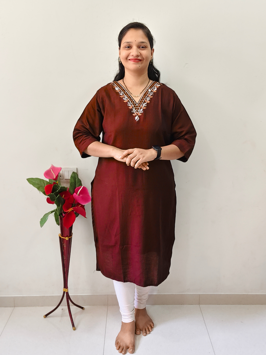 Elegant Collections V-Neck Designer Kurti in maroon with intricate embroidery for stylish casual wear